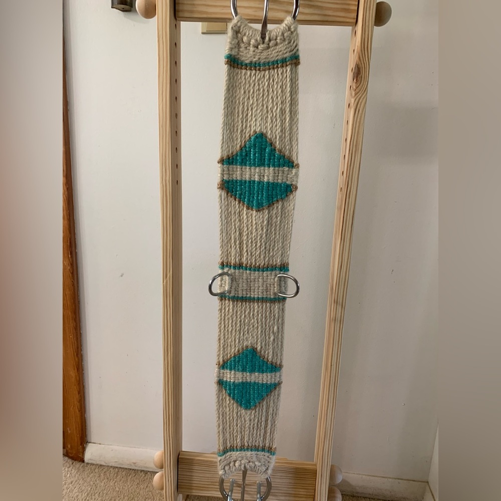 Teal and tan cinch for horses.